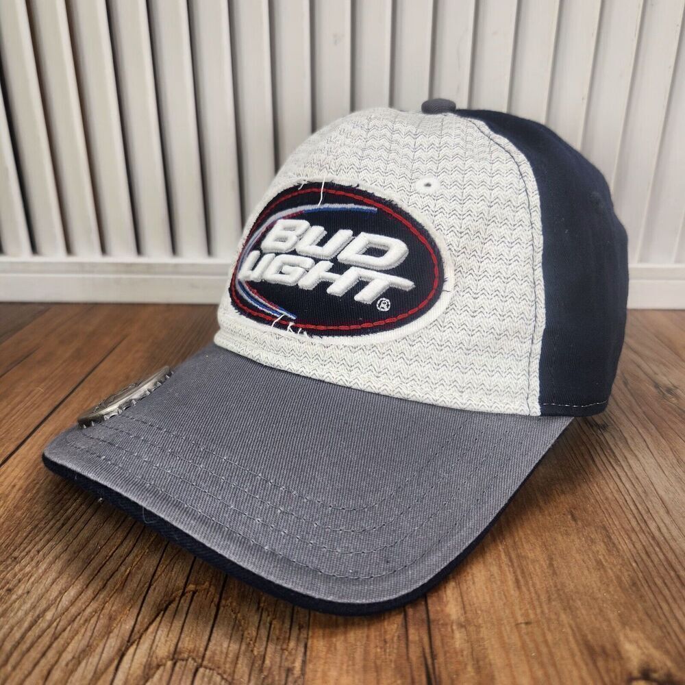 Anheuser-Busch Bud Light Distressed Strapback Hat Cap Blue White Bottle Opener